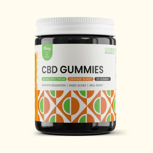 Jar of all-natural CBD gummies with vibrant geometric label.