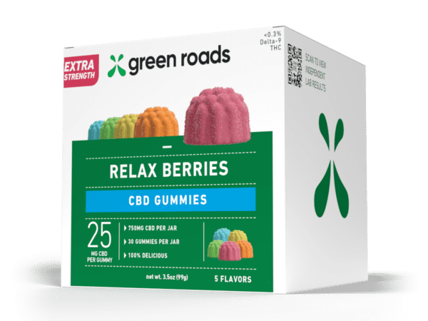 Green Roads Relax Berries CBD gummies box with 25 gummies.